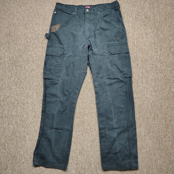 WRANGLER WORKWEAR Cargo Pants Men's 36x34 Black Rip Stop 100% Cotton Worn - Picture 1 of 8